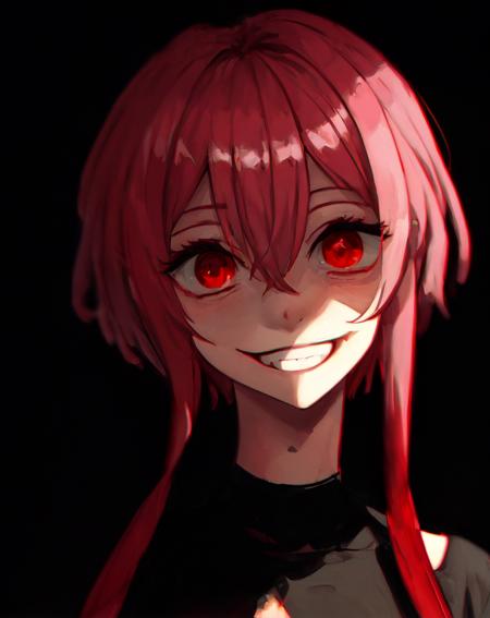 masterpiece, best quality, <lora:yameroyandere-v2:0.75>, (crazy eyes:1.3), (crazy smile:1.45), (shaded face:1.18), mature female, dark, dark background, <lora:add_detail:0.8>, yandere, yandere trance, empty eyes, red eyes, half-closed eyes, wide-eyed, oil painting \(medium\), (watercolor \(medium\):0.8), film grain, pink hair, short hair, short hair with long locks, sidelocks, (very short hair:1.08), tomboy, (chromatic aberration:1.15), staring, head tilt,