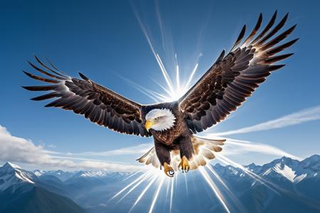 Phantom Flares' style around a majestic eagle in flight,  where light flares create phantom-like forms,  in sky blue and white