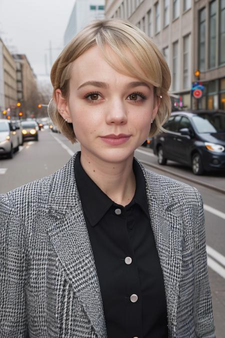 (CareyMulligan:0.9), crowded Berlin street corner, heavy winter coat, black blazer, white buttondown shirt, masterpiece, downtown, pose, standing, casual, (closeup on upper body:1.2)