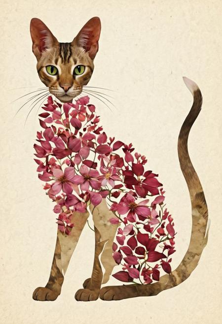 Create an oriental cat made of pressed flowers