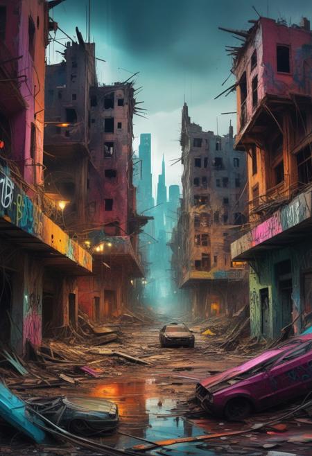 Futuristic Neo-Expressionist Cityscape in Ruins
A crumbling futuristic city, painted in bold, expressive strokes. The scene feels both chaotic and carefully composed, with glitching lights and futuristic technology embedded in a decaying, post-apocalyptic landscape. Buildings are warped and distorted, their angles twisted like something out of a surrealist nightmare. Despite the destruction, the colors and textures are rich, with elements of graffiti and street art scattered throughout. This city feels alive, but on the verge of collapse.
