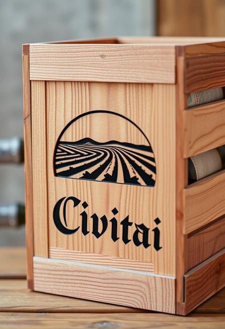 A wooden wine crate in a traditional Italian style design with the vineyard in the stamped wood with name of “Civitai” in a fancy font