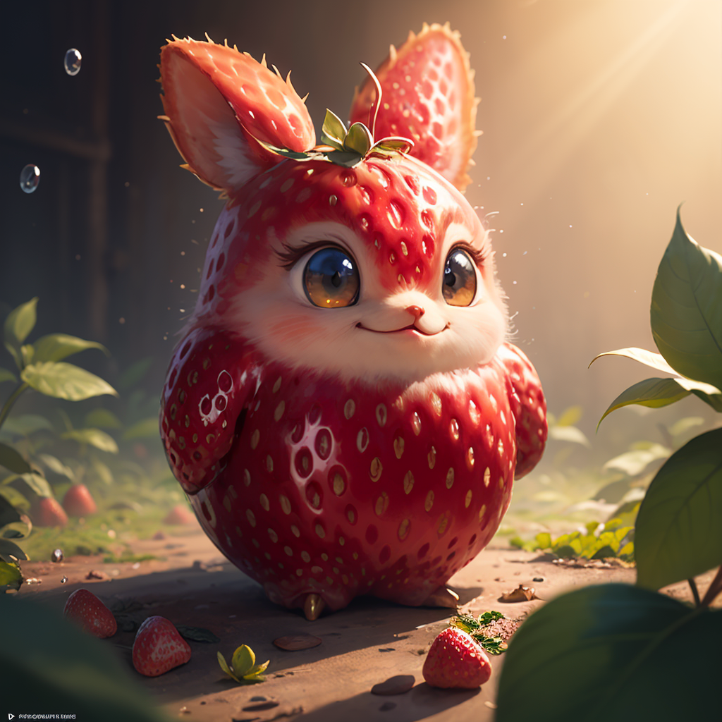 ((masterpiece:1.3,concept art,best quality)),very cute appealing anthropomorphic strawberry,looking at the viewer,big grin...
