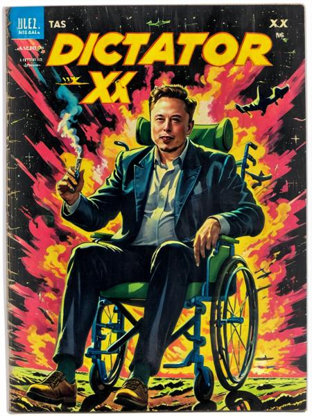 <lora:Wiz-VintageComicBookCover_v01:1.4>,Vintage comic book cover full body illustration of Elon Musk in a futuristic wheelchair, smoking a joint, mutants behind, (title says 'Dictator X' text logo:1.6) <lora:Harrlogos_v2.0:1.1>