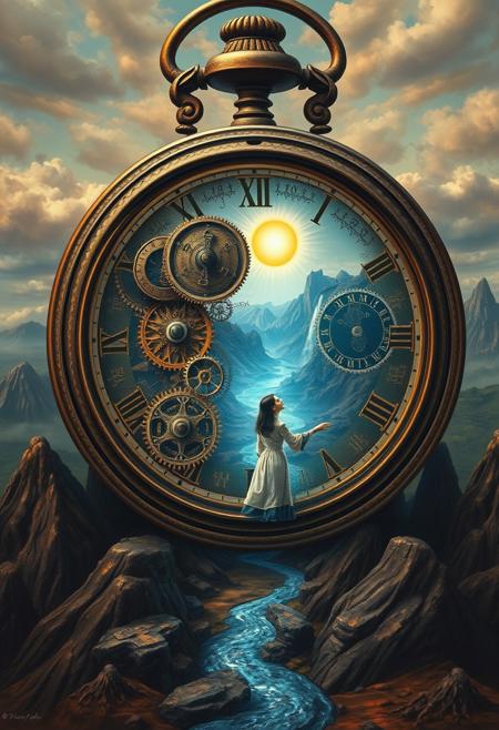 NO SUN IN THE SKY!  In the style of Salvadore Dali, Envision a surreal, top-down scene with an enormous ancient pocket watch standing upright, its cover open to reveal a magical portal glowing with mystical energy. Inside, intricate gears and finely wrought cogs interlock in a delicate dance, frozen in time. Ornate clock hands, suspended as if by magic, are etched with arcane symbols. Glowing runes pulse softly with inner light, intertwined with living vines. The scene is bathed in a bluish  ethereal glow from its center.
At the heart stands a lone figure—a young woman with porcelain skin and raven-black hair. Clad in a flowing white robe shimmering in the portal's light, she reaches out as if to touch the otherworldly aether. Her sapphire-like eyes reflect the portal's iridescent hues as she gazes into a breathtaking landscape: towering mountains, a cascading volcano, and a steaming river winding through charred forests.
The pocket watch rests on an obsidian floor, its polished surface mirroring glowing runes and distant portal light. Above, a crescent moon casts a silvery glow, while stars twinkle like distant jewels. Deep reds and blues contrast with the portal's warm light, enhanced by reflective volumetric lighting. The mood is dark, filled with adventure and wonder, drawing viewers into the hidden, magical world within the clock’s ancient mechanisms, guided by the woman's presence.