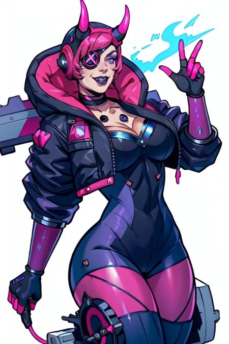 masterpiece,best quality,extreme detail,8k,white background,<lora:wattson:0.8>,wattson,1girl,solo,breasts,looking at viewer,smile,blue eyes,gloves,cleavage,jacket,pink hair,horns,choker,hood,character name,official alternate costume,black jacket,black headwear,bodysuit,makeup,eyepatch,lipstick,hooded jacket,one eye covered,black bodysuit,logo,electricity,cable,mechanical arms,single mechanical arm,purple lips,cyberpunk,black lips,mechanical legs,