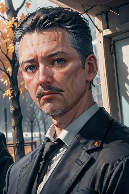 ((masterpiece, best quality, high quality, highres, ultra-detailed)), strelkov, man, male focus, (oldman:1.4), (white shirt:1.1), necktie,  (black business suit:1.2), looking at viewer, rough face, serious, old city, cityscape,  strong face, hard face,
outdoors, (orange tree, autumn, cloudy, rain:1.1) 
<lora:Strelkov:1>, (cinematic look:1.4), soothing tones, insane details, intricate details, hyperdetailed, low contrast, soft cinematic light, dim colors, exposure blend, hdr, faded, slate gray atmosphere