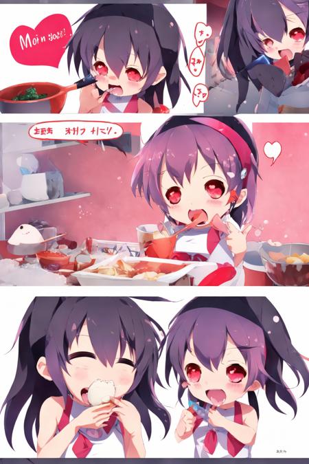 <lora:TaS_v1:1> xyzdd style of life meme, animalization, artist name, bare shoulders, black hairband, blush stickers, bow music, chibi, closed eyes, comic style, commentary request, crossover, english text, fangs, food in mouth meme, grey hairband, hairband, heart-shaped pupils, holding spoon, hololive, hoshimachi suisei, long hair, looking at another, meme, open mouth, parody, pink shirt, rariatto ganguri, red eyes, shark girl