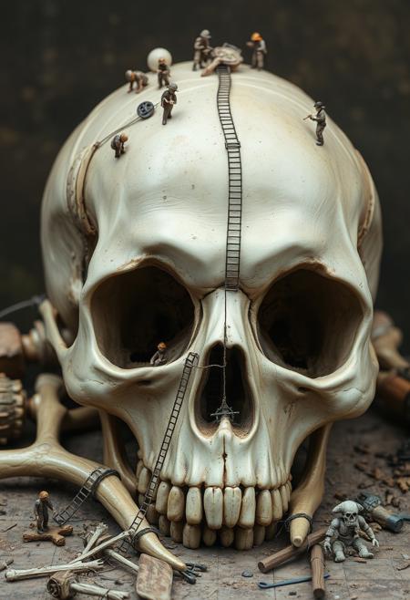"Giant skeleton lies defeated, its massive skull a testament to a long-forgotten battle. Yet, from death springs new life, as miniature architects swarm the skull, using it as a foundation for their latest masterpiece. Tiny ladders and pulleys allow the architects to scale the skull's cranium, as they work tirelessly to transform the macabre remains into a work of art. Delicate bridges and arches span the skull's cavities, while intricate carvings adorn the bone. The architects' tiny tools and equipment lie scattered about, as they strive to create something beautiful from the skeletal remains. Style: whimsical, detailed, and poignant, with a focus on capturing the contrast between the skeleton's grim past and the architects' creative rebirth."