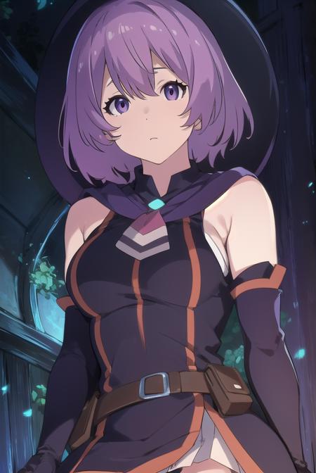 shihoru, short hair, purple hair, (purple eyes:1.1), skirt, thighhighs, gloves, hat, bare shoulders, purple hair, detached sleeves, witch hat,