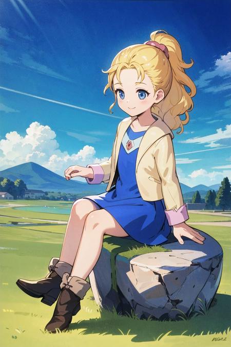 masterpiece,best quality,illustration,beautiful detailed girl, highres,1girl,<lora:GoodHands-beta2:1:lbw=MIDD>,nice hands, perfect hands,<lora:krile ff5V2:1>,krile ff5,blue eyes,jacket,blue dress,boots,full body,sitting,on rock,smile,grass,blue sky,