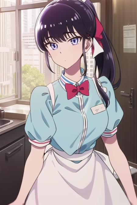 akiratachibana, <lora:akiratachibana-lora-nochekaiser:1>,
akira tachibana, long hair, bangs, black hair, (purple eyes:1.1),
BREAK skirt, shirt, bow, ponytail, short sleeves, puffy sleeves, bowtie, uniform, apron, red bow, blue shirt, waist apron, waitress, employee uniform,
BREAK looking at viewer,
BREAK indoors, classroom,
BREAK <lora:GoodHands-vanilla:1>, (masterpiece:1.2), best quality, high resolution, unity 8k wallpaper, (illustration:0.8), (beautiful detailed eyes:1.6), extremely detailed face, perfect lighting, extremely detailed CG, (perfect hands, perfect anatomy),