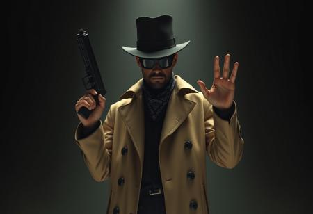 Mysterious man wearing long beige trench coat, black top hat, sunglasses obscuring face, neck bandana, stands in a dim room. Holds large black gun in right hand, left hand raised gesture, poised for action. Cinematic film noir, dramatic low-key lighting, chiaroscuro, high detail, sharp lines, 4K, Octane Render, Unreal Engine 5, impeccable composition, trending on ArtstationHQ, CGSociety.
