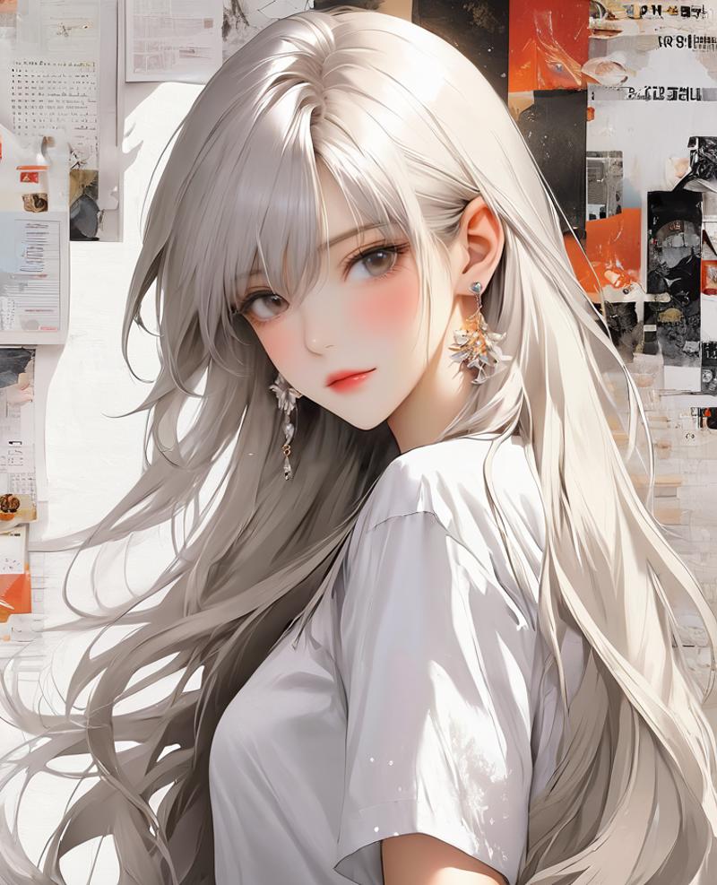A beautiful white haired girl with blue eyes and earrings.