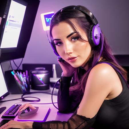 RAW photo of young woman <lora:andreaBotez_v10:0.95> , webcam photo, streaming from computer desk, twitch, live stream, 8K, high resolution, highly detailed, photo by some famous award winning photographer, purple neonlight, gaming headset