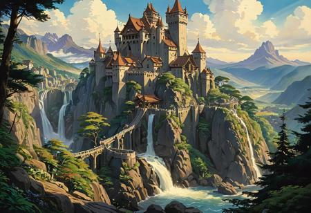 (studio ghibli drawing), (studio ghibli painting),best quality, masterpiece, extremely detailed,  professional  art,  professional painting, an extremely delicate and beautiful, dynamic,  great lighting, perfect shading, professional shading, depth of field,   side soft light, elegant, gorgeous, highly detailed,   full shot, uncropped,   pure genius, absolutely perfect,  highly detailed, breathtaking,  view on a massive cascading fortress with multiple waterfalls build onto a giant mountain range