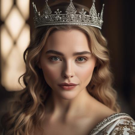 Portrait photo of an actress dressed as a medieval queen with a delicate tiara on her head, Nikon Z9, realistic matte skin, skin texture visible, (sharp focus), (high quality)