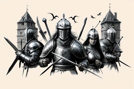 Pencil sketch, intricately detailed, rich shadows, highest resolution, highest quality, 8k UHD, 
best perfect realistic HD ultra HD 4k image, battle knights with a large and scary fire dragon, nearby castle, weapons swords, crossbows, bows, detailed visualizations of knights, dragon and landscape, detailed depiction of their faces and weapons and armor, and o
