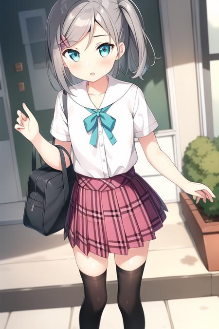 best quality ,masterpiece, 1girl,tsutsukakushi tsukiko,grey hair,short hair,aqua eyes,side ponytail,school uniform,white shirt,pink plaid skirt,black legwear,<lora:henneko:0.5>