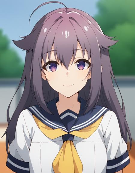 anko koshi, long hair, hair flaps, ahoge, hair between eyes, purple eyes school uniform, serafuku, blue sailor collar, grey sweater, long sleeves, yellow neckerchief, pleated skirt, white socks, loafers school uniform summer, serafuku, blue sailor collar, white shirt, short sleeves, yellow neckerchief, pleated skirt, white socks, loafers school uniform middle, white collared shirt, red neck ribbon, long sleeves, blue pinafore dress, white socks, loafers