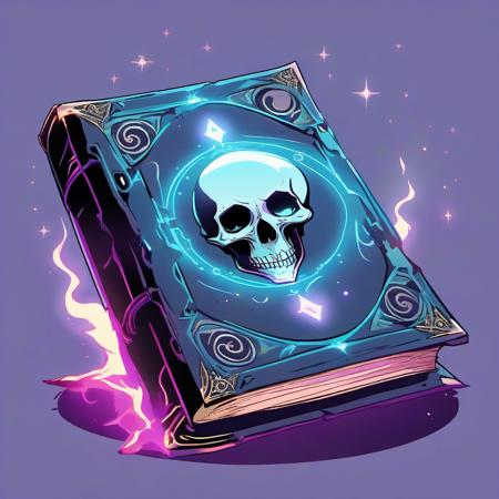 magical tome lying on plain background surrounded by magical energy, cursed book with cover with magical symbol and skull on top