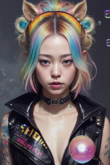 swpunk style synthwavedrunken beautiful JangWonYoung , shocked, (hallucinating colorful soap bubbles), by jeremy mann, by sandra chevrier, by dave mckean and richard avedon and maciej kuciara, punk rock, tank girl, high detailed, 8k<lora:JangWonYoung:1.0>