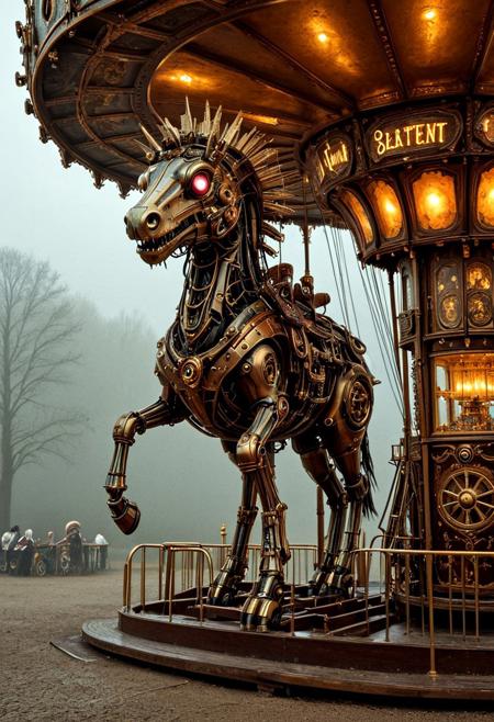 A forgotten steampunk amusement park hidden in a misty valley, overrun by sentient, rust-covered attractions. A lone explorer with a gear-cranked lantern wanders past a derelict Ferris wheel that still hums with eerie music, while mechanical clowns shuffle silently in the fog. Vines tangle with copper pipes, and glowing-eyed automaton animals roam the broken carousel. qu4ntum
