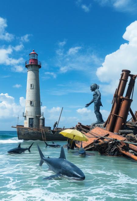 surreal scene, broken lighthouse, warship wreck, humanoid sculpture, sharks in shallow water, umbrellas, distorted reality, (dreamlike:1.3), detailed sky, ocean waves, rusted metal, decayed environment, dramatic lighting, high resolution, photorealism, artistic composition, (eerie atmosphere:1.2), intricate details, (blurry:-1.1), (ugly:-1.3), (cartoonish:-1.1), (low quality:-1.1), (lowres:-1.1), (bad anatomy:-1.1), (poorly rendered:-1.1), (overexposed:-1.1), (flat colors:-1.1), (noisy:-1.1), (disjointed elements:-1.1), (bad composition:-1.3), (unbalanced:-1.1)
