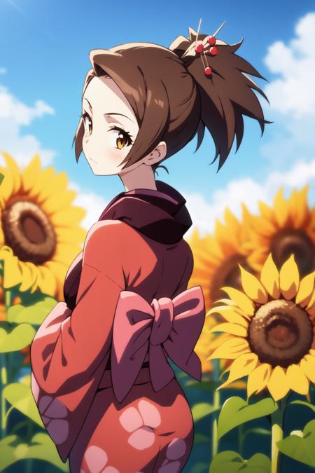 <lora:fuu-000025:1> fuu, kimono, hair ornament, hair stick, ponytail,
1girl, outdoors, looking back, from behind, sunflower