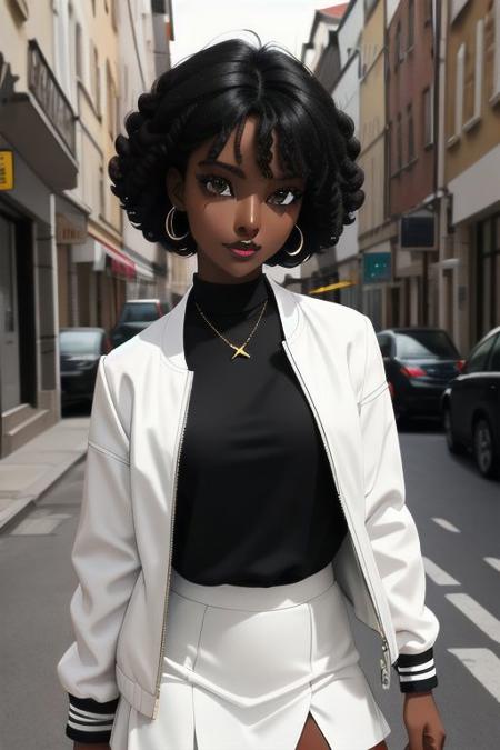 thin Black woman, (dark skin), {{small breasts}}, ((very short)), curly crimped hair, tied hair, {{{ single hair bun}}}, white jacket, long black  skirt, dark black lips, gold neckless, vibrant city, european colorfull houses, Masterpice