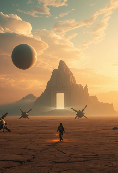 An expansive alien desert, under an ethereal sky filled with layered clouds that shimmer in reds and blues. Giant, orb-shaped machines float just above the cracked ground, casting long shadows over crystalline outcrops. A solitary traveler moves toward a monumental gate etched into the side of a jagged mountain, carrying a lantern that emits pulsating light. Abstract symbols and glowing circuits stretch across the horizon like a forgotten language of light. The environment is both ancient and futuristic, with soft, dreamlike lighting that blurs the edges of reality. The composition uses a wide lens with a low perspective, emphasizing the vast emptiness and surreal geometry of the structures.