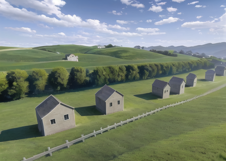 a group of houses in a field with a sky background, <lora:Level94-10:0.60>