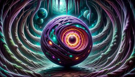biomechanical style psychedelic style concept art A surreal panorama where the fabric of reality unravels, revealing a colossal, eternal machine, an intricate blend of technology and biology. This machine, a monumental entity, stretches across multiple layers and dimensions, each gear and circuit simultaneously organic and mechanical. Its purpose: to construct and manipulate illusions and realities. Within its vast structure, echoes of other worlds and timelines intertwine, creating a mesmerizing dance of creation and dissolution. The scene is a cosmic theater, where the boundaries of matter and imagination blur into a fluid, ever-changing tapestry. <lora:Horror_Pokémon:1> . digital artwork, illustrative, painterly, matte painting, highly detailed . vibrant colors, swirling patterns, abstract forms, surreal, trippy . blend of organic and mechanical elements, futuristic, cybernetic, detailed, intricate