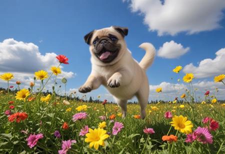 Highly detailed photograph of a pug puppy leaping through the air above a field of colorful flowers. Side view. Floppy ears, big eyes, very cute, very happy, joyful. Blue sky with fluffy clouds. Bright sun, god rays.