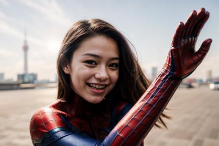 Marvel movies,photo of a 18 year old girl,spiderman,high five,happy,laughing,outdoor,windy,street,tokyo,ray tracing,detail shadow,shot on Fujifilm X-T4,85mm f1.2,depth of field,bokeh,motion blur,<lora:add_detail:1>,