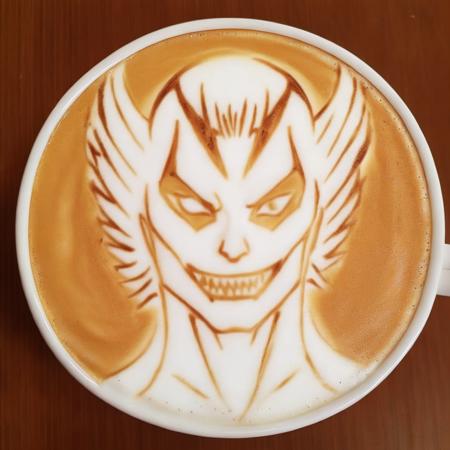 Craft an image of a top-down view of a freshly brewed cup of latte. The focus is on the intricate latte art on the surface of the coffee, skillfully created to resemble the iconic mask of Wolverine from Marvel Comics. The design should feature the distinct pointed ears and the sharp angles of the mask, with the contrasting dark and light shades of the espresso and milk creating the details. The frothy top layer of the latte serves as the canvas for this edible art, and the cup is placed on a rustic wooden table to enhance the homely and artisanal vibe of the scene,<lora:latte_art:0.8>