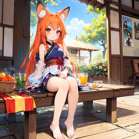 (masterpiece, top quality, best quality),extreme detailed,colorful,highest detailed,ultra-detailed,(highly detailed CG illustration),((Gorgeous background)),ultra-fine painting,Vivid Colors,panorama view,,intricate,colorful,perfect mechanism,perfect perspective,photo,realistic,,1girl,((fullbody)),sitting,fox ears,((summer,summer festival,summer theme,hot,festival)),lotus,single bare shoulder,sweat,orange hair,brown eyes,medium breasts,animal ear fluff,very long hair,barefoot,