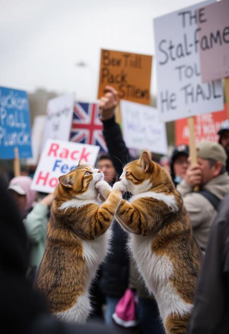 cat fighting against a crowd holding signs