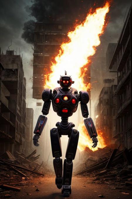 Sci-fi-horror movie scene, a humanoid style robot walks toward the viewer undamaged through a ball of fire, menacing, scary, futuristic city in ruins, apocalyptic.