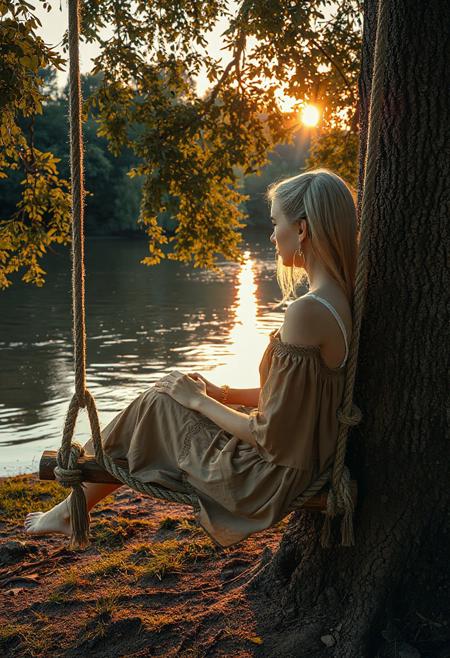 <lora:add-detail-xl:0.8>, score_9, score_8_up, score_7_up, pureerosface_v1, easynegative, Expressiveh, high quality, detailed, masterpiece, 8K, raw, uhd, hdr,
1 girl, 18yo,
A peaceful detailed riverside scene with a beautiful slavic girl sitting on a cozy rope swing tied to a large tree by the riverbank, gazing at the clear, soothing water. The warm evening light filters through lush green foliage, casting gentle rays on the ground and water. The atmosphere is calm and private, evoking a deep harmony with nature. She looks to river with elegance in her posture, captured in a medium-close shot, cute face, slim face, skinny, slim figure,perfect eyes, platinum blonde hair, hime haircut,
golden earrings, golden bracelets, 
sun rising behind her, sun in sky, sun in picture, darkred sky, volumetric lighting,