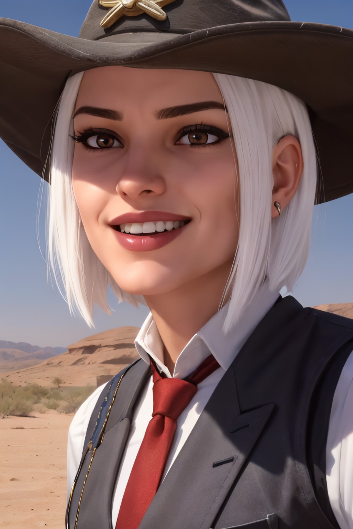 owash, woman, short white hair, cowboy hat, vest, necktie, looking at viewer, smiling, close up, outside, desert, town, du...
