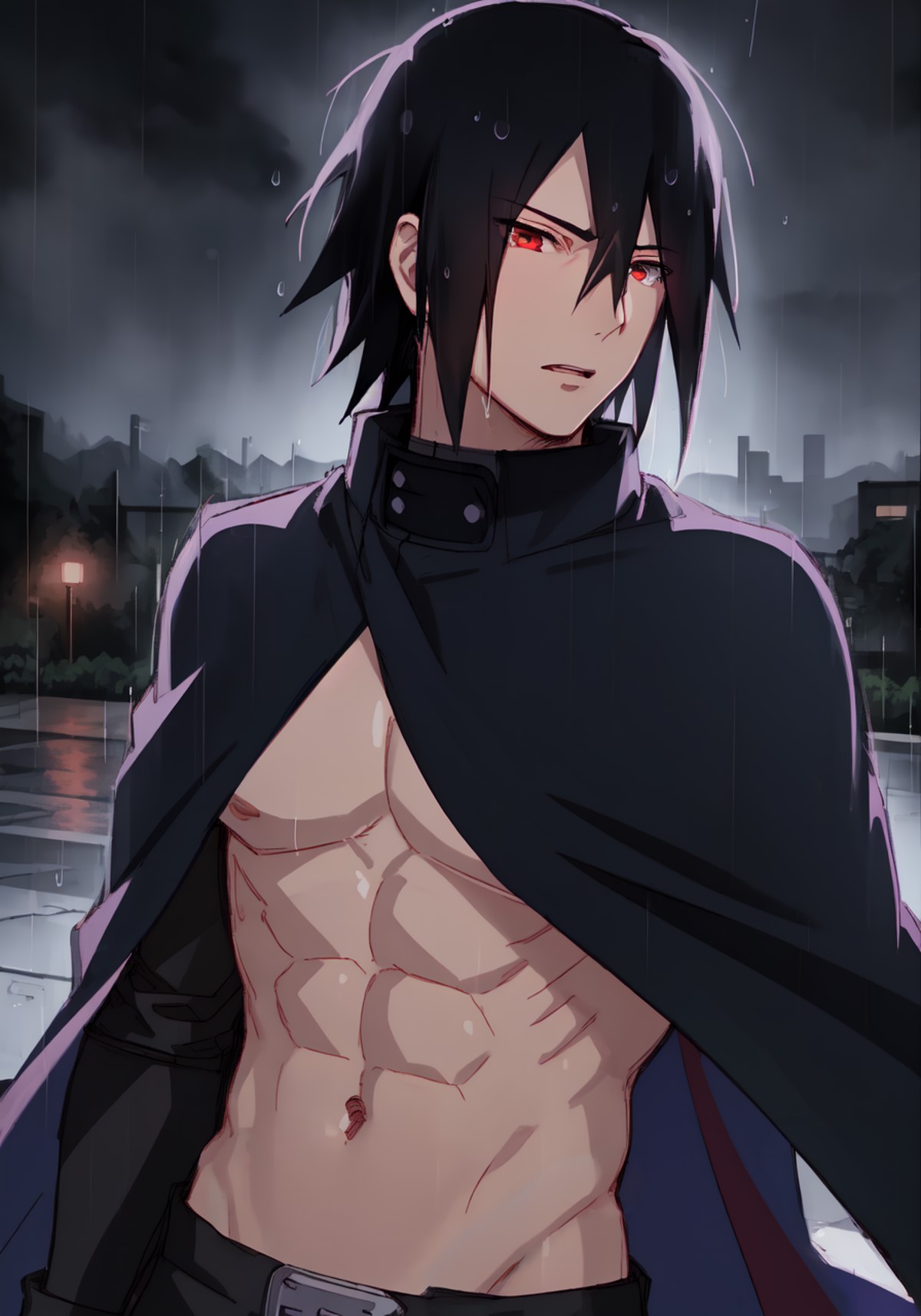 Sasuke Boruto, masculine male, muscular male, black hair, large pectorals, blue cape, solo, outdoors, rain, neo city, red ...