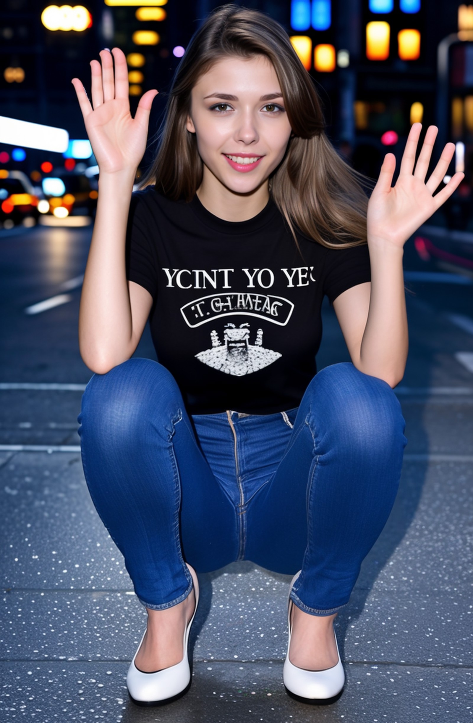 from front,night photo of a ukrainian woman named milaazul (waving:1.2) to the audience and wearing t-shirt and and (weari...