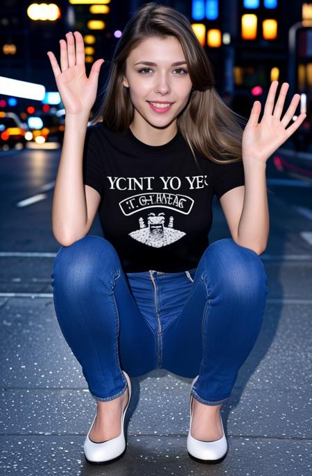 from front,night photo of a ukrainian woman named milaazul (waving:1.2) to the audience and wearing t-shirt and and (wearing long jeans),wearing cloth shoes,waving,(squatting on the floor and spread legs and m-legs) <lyco:mila azul_V1:0.8>, looking at viewer,photorealistic,  happy smile,teeth,long hair, best quality and best aesthetic and (photorealistic:1.4) and (Realistic:1.4) and Detailed Skin Textures and detailed skin pores and high skin detail,<lora:LCM_LoRA_Weights_SD15å éå¨:0.7>,((outdoor New York streets at night  background)), <lora:detail_slider_v4:0.7>,<lora:å¢å çå¯¦æepiCRealLife:0.7>, detailed hands and Detailed 5 fingers and Detailed 5 finger nails