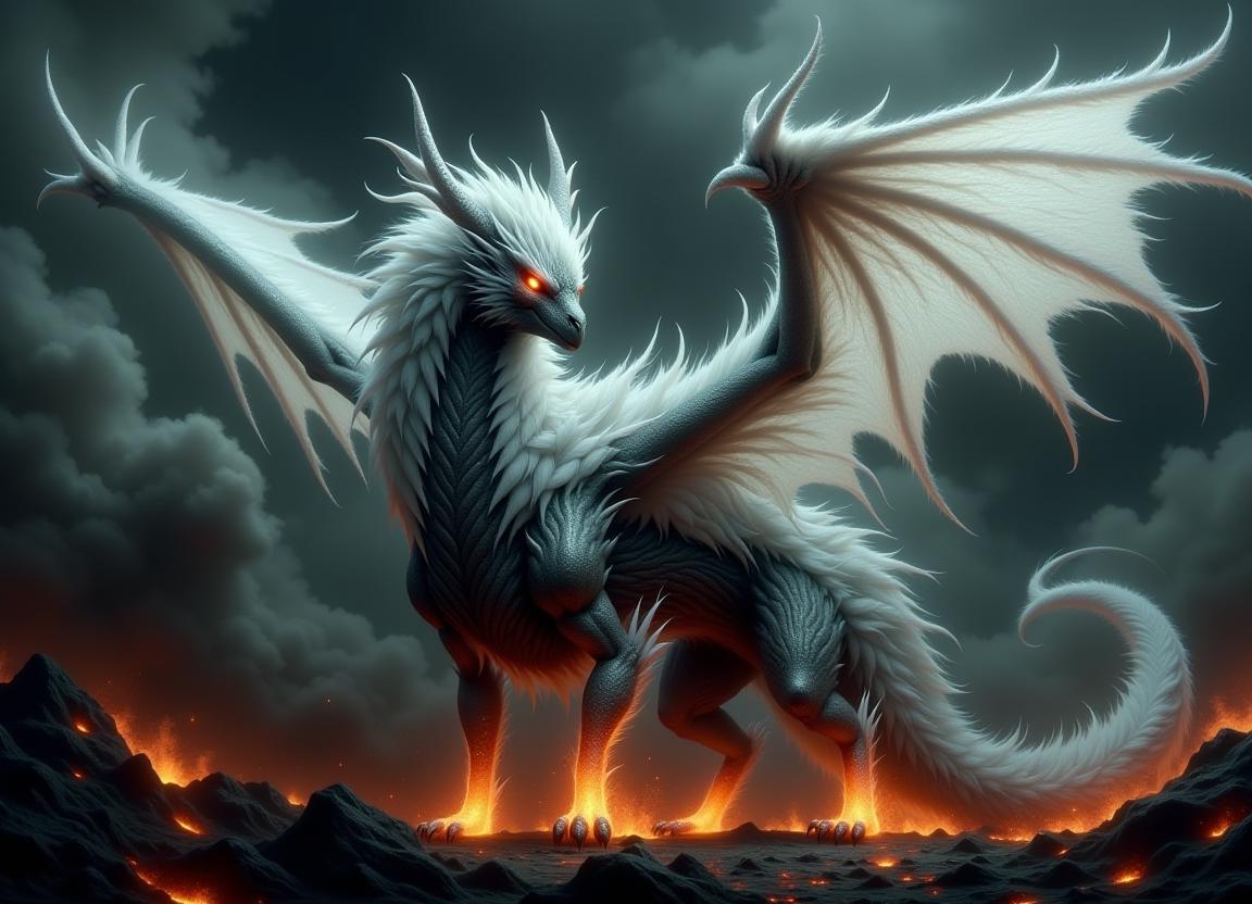 A subterranean tempest fire creature with a slender body and long spikes on its back. The Knucker has short muscular legs and a forked tail. It is surrounded by a large cloud of dark grey smoke with an eerie glow, as if lit by the embers of a thousand burning fires. In the sky above, two white umbra wings stretch out from behind the creature, their edges translucent and ethereal, casting no shadow on the ground below as they beat steadily to keep the Knucker aloft in this turbulent atmosphere.