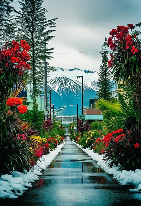 ()Hyoer Realistic:2.0)Polaroid picture of 
 image of Downtown Anchorage, Alaska, where the effects of climate change have transformed the city into a lush, tropical paradise. The once-frozen landscape is now teeming with vibrant, tropical plants and flowers, and the air is warm and humid.
In the background, the majestic Chugach Mountains from Chugach State Park rise up, their peaks still capped with snow, but now surrounded by a halo of tropical greenery. The city's buildings and streets are adapted to the new climate, with palm trees and colorful flowers lining the sidewalks.
Capture the surreal, futuristic atmosphere of this scene, where the harsh, subarctic environment of Anchorage has given way to a vibrant, tropical oasis