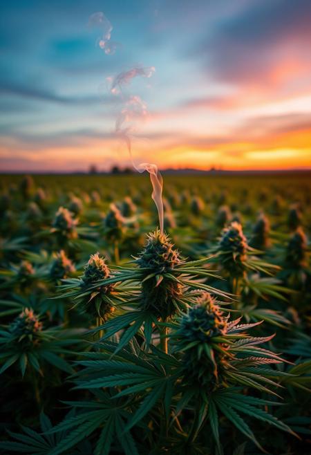 vibrant cannabis field, (lush green leaves:1.4), (sunset glow:1.2) casting warm light over the plants, (detailed textures:1.5), smoke swirling softly in the air, (cannabis buds:1.3) glistening with trichomes, peaceful and serene atmosphere, (natural light:1.4), wide field stretching into the distance, (colorful sky:1.2) with shades of pink and orange, (high-definition:1.6), (ultra-realistic textures:1.5), close-up details of cannabis plants, (soft focus in the background:1.2), modern, laid-back aesthetic, perfect for a cannabis culture feature, chill and relaxed vibe, (overexposed:-1.4), (unnatural colors:-1.5), (blurry:-1.6), (low-resolution:-1.7), (harsh lighting:-1.5), (distorted textures:-1.6)