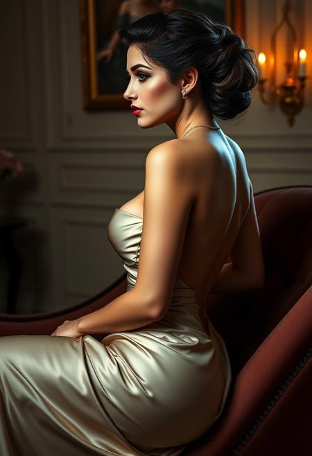 Masterpiece, Portrait of a sexy debutante, highly detailed, best quality, beautiful face profile, full lips, closed mouth, HairDetail, sudanese, arched back, romantic parlor, silk evening gown, huge breasts, sideboob, slender body, tiny waist, defined abs, curvy hips, round ass, simple jewelry, laying seductively on an upholstered chaise lounge, sensual dim lighting, hidden hands, eye contact, lustful eyes