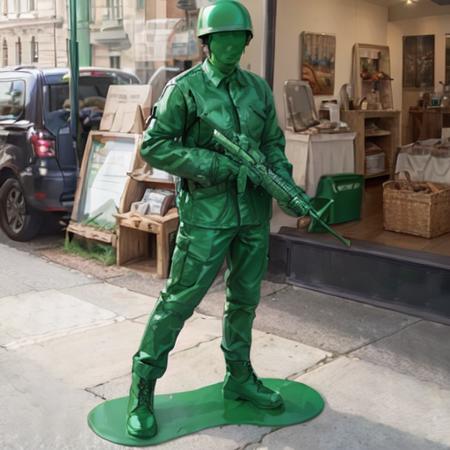 <lora:Plastic Green Army Toy Soldier Costume:0.8>, 1boy, Plastic Green Army Man Costume, full body