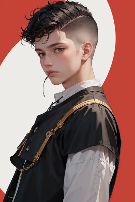 (masterpiece, best quality:1.2) high detail,official art,(1boy:1.2),short hair,(Undercut With Long Hair:1.2),looking down,red  simple background,,portrait,red theme